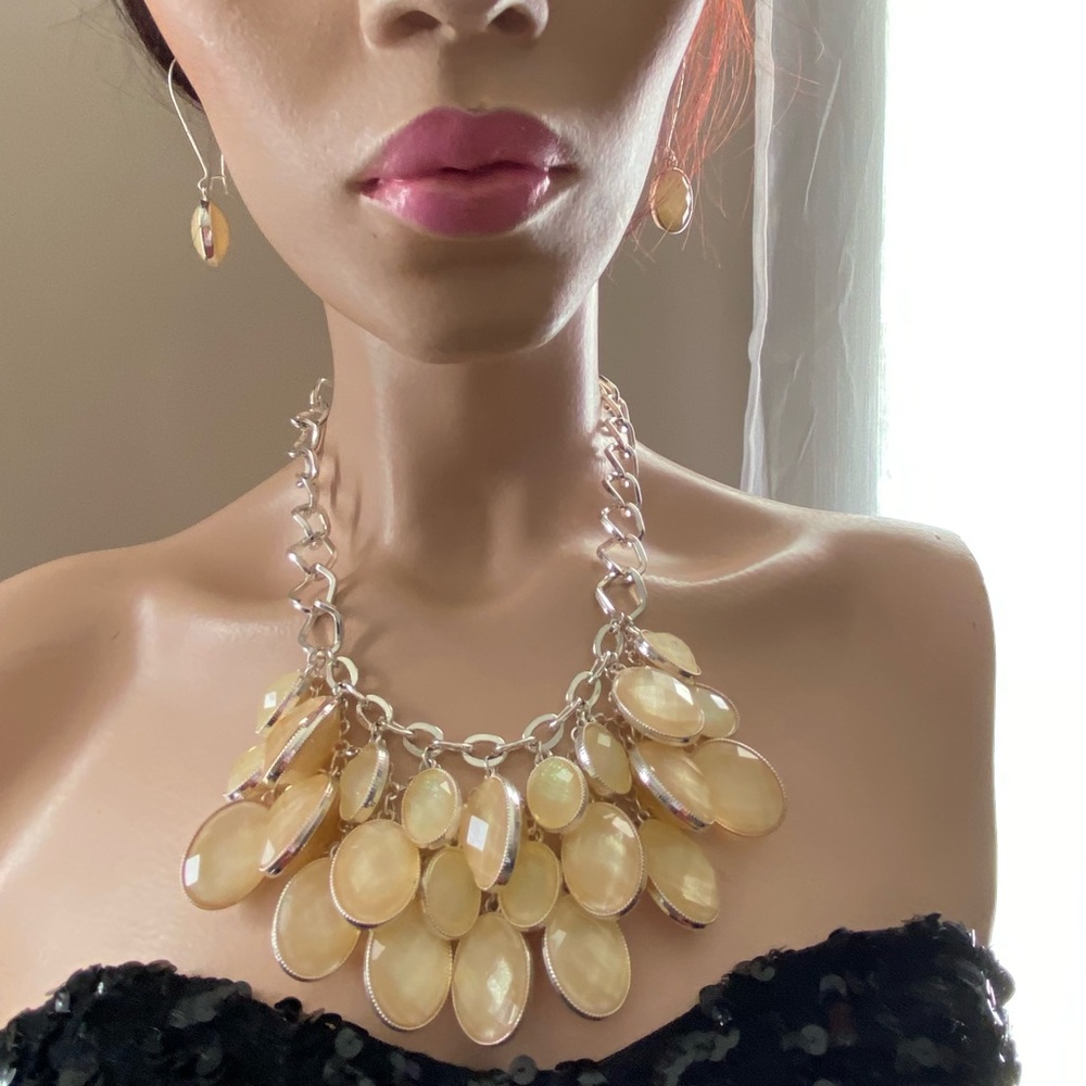 Statement bib multi circle cream faux stones & chain necklace and earrings set.